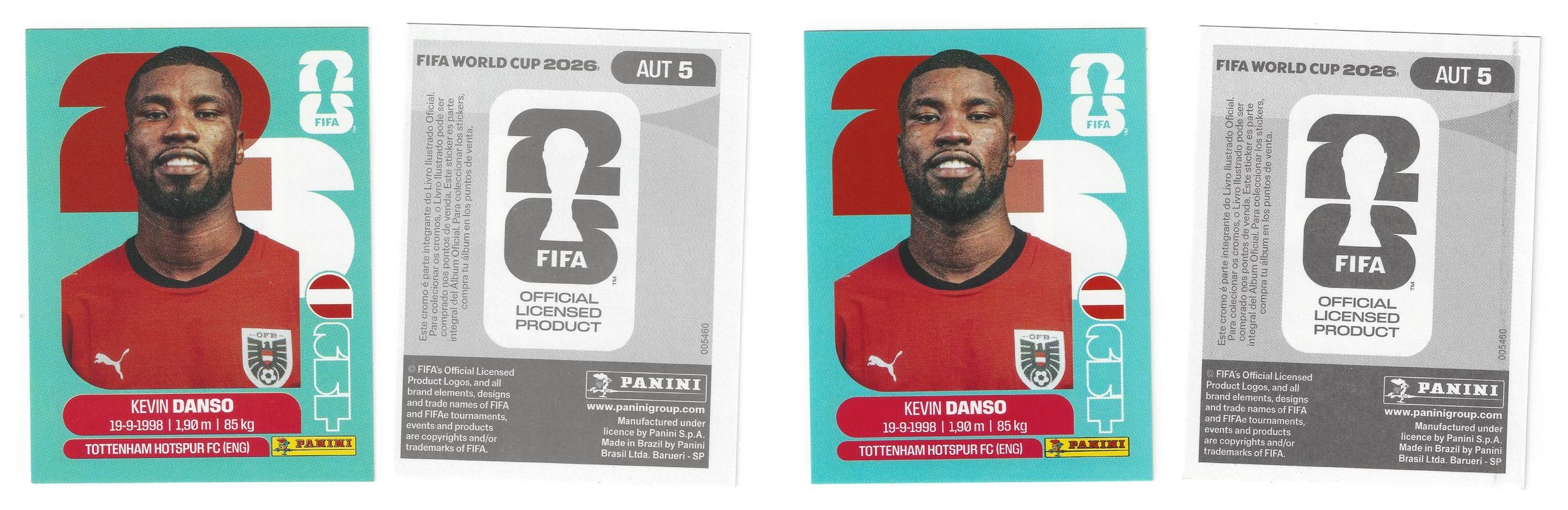 Two AUT 5 Kevin Danso stickers, front and back: one greener teal with a lighter gray back, one bluer teal with a darker gray back