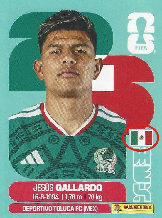 Genuine MEX Jesús Gallardo sticker with the rectangular Mexican flag circled in red
