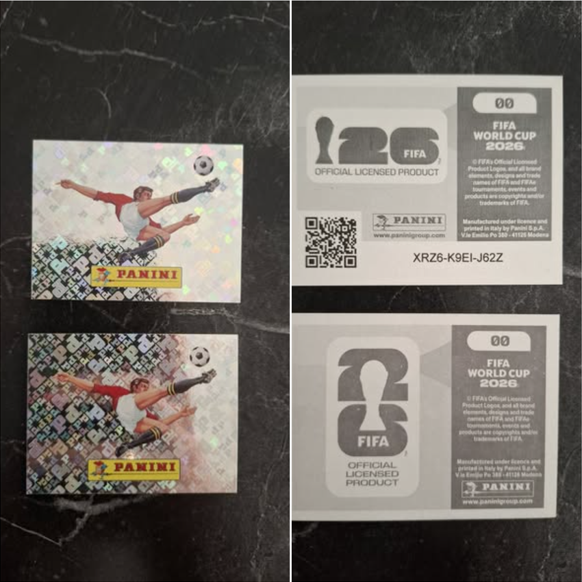 two #00 Panini stickers, one back with a QR code, one without